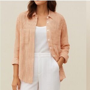 Boden Orange & White Striped 100% Linen Button Down Long Sleeve Shirt 14